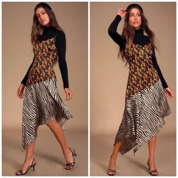 Lulu’s Gold Mine Black Multi Print Satin Asymmetrical Midi Dress Size Medium - Picture 2 of 12